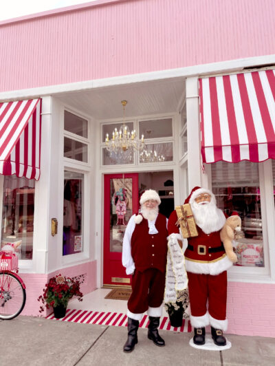 Santa visiting Pendleton Candy Company storefront in Liberty, South Carolina